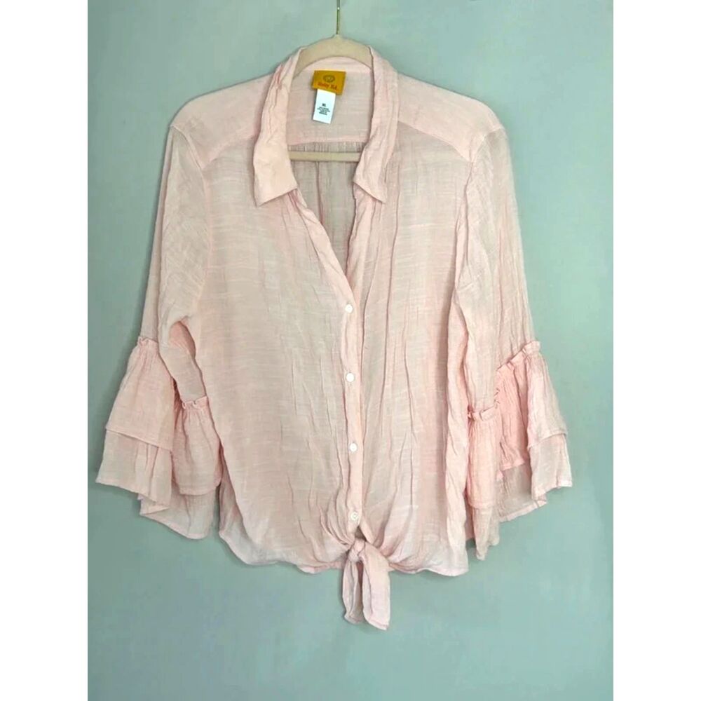 Ruby Rd Button Front Tie Hem Bell Sleeve Blouse Womens Extra Large Pink